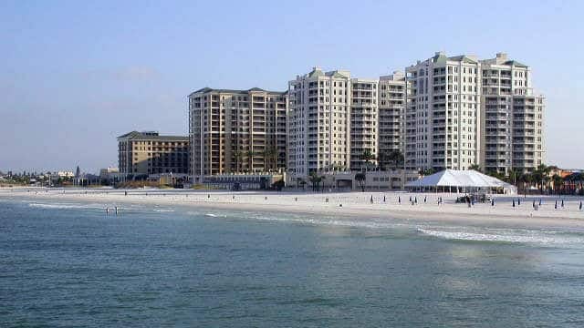 Clearwater Beach white sand and Gulf of Mexico shoreline in Clearwater, Florida